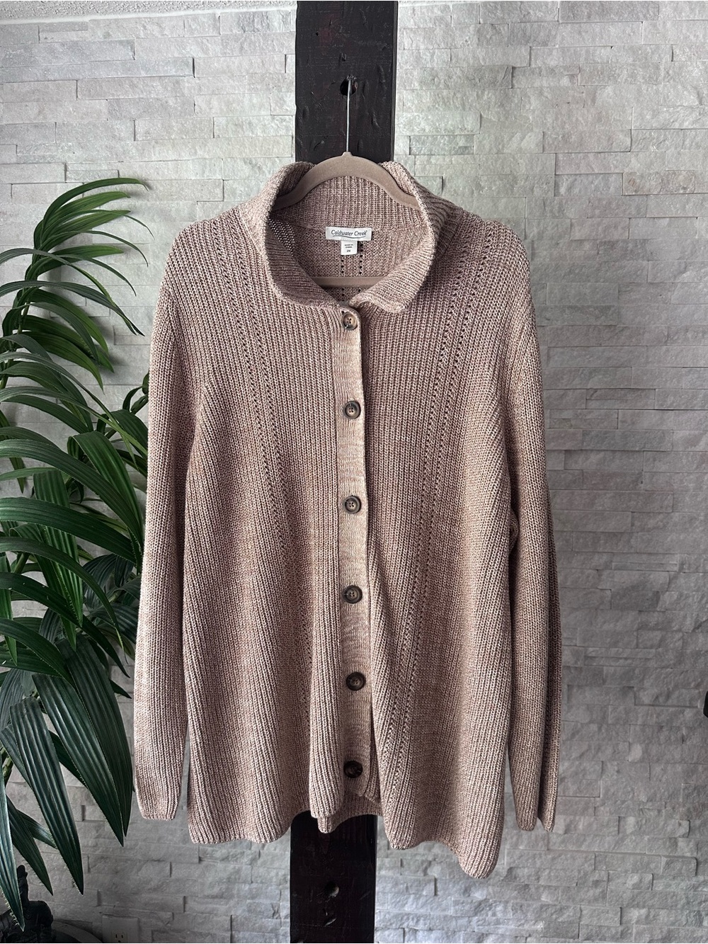 Coldwater Creek Button-Front Knit Cardigan Cotton Sweater Taupe Tan Size 2X